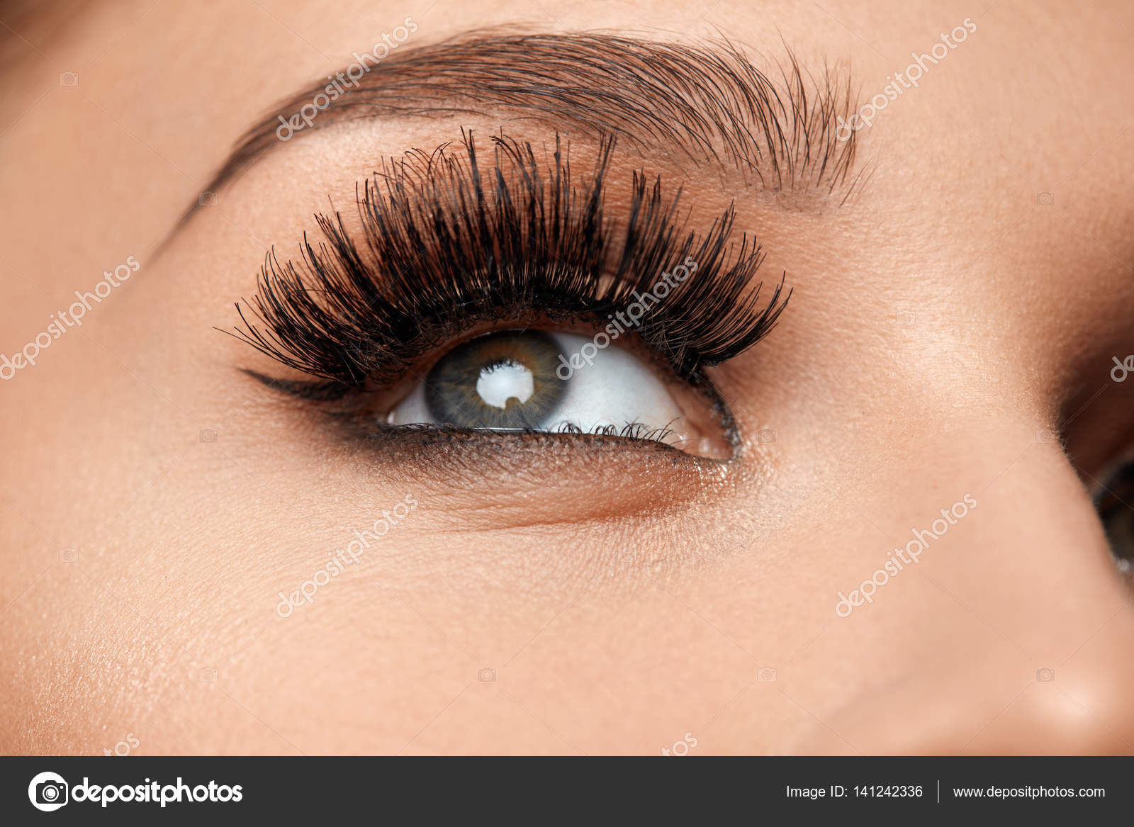 Long Black Eyelashes. Closeup Beautiful Female Eye With Makeup