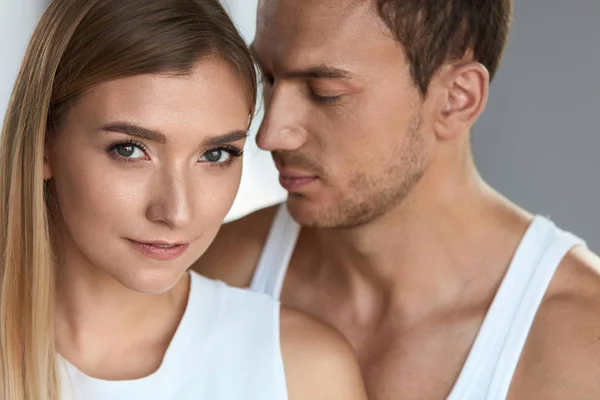 Handsome Man Caressing Woman Soft Fresh Armpits Skin. Body Care Stock Photo