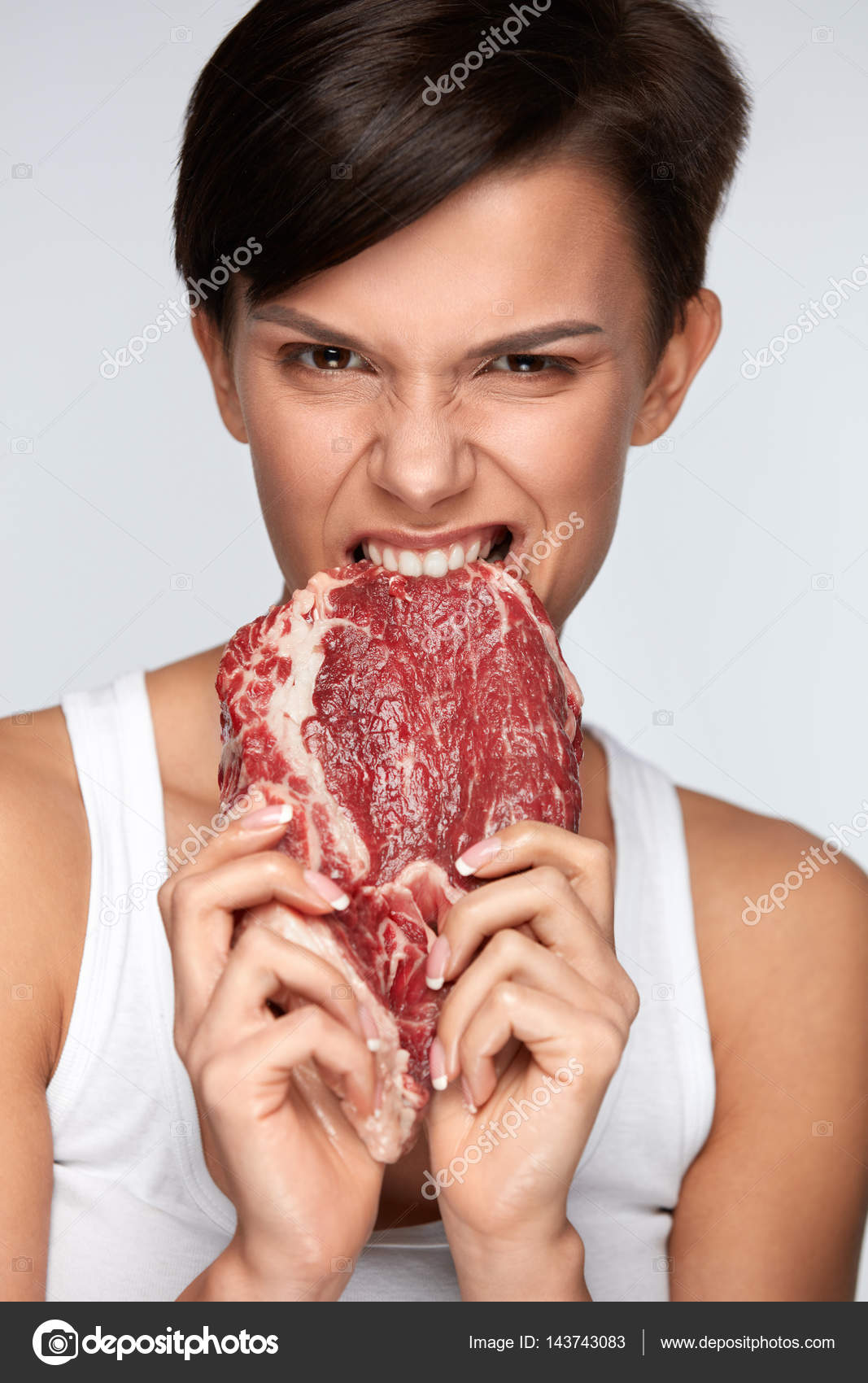 Eating Meat Beautiful Woman Biting Raw Red Beef Meat With