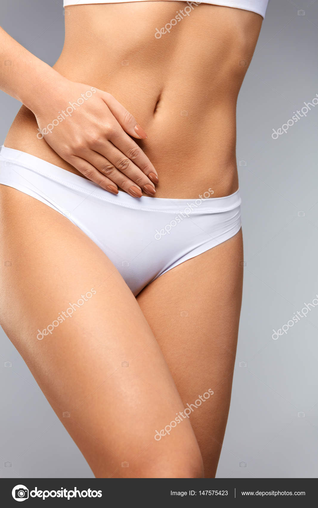 Monochrome Shot of Woman in Underwear Holding Stomach in Pain Stock Image -  Image of body, close: 51125007