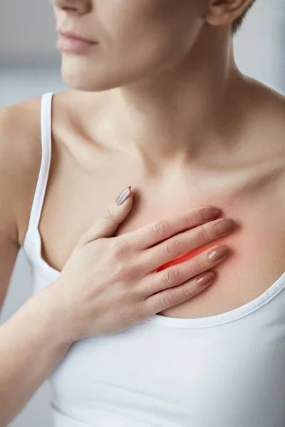 Closeup Female Body, Woman Having Pain In Chest, Health Issues — Stock Photo, Image