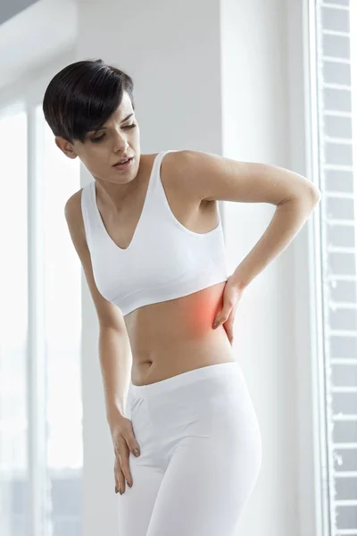 Body Pain. Beautiful Woman Feeling Pain In Back, Backache — Stock Photo, Image