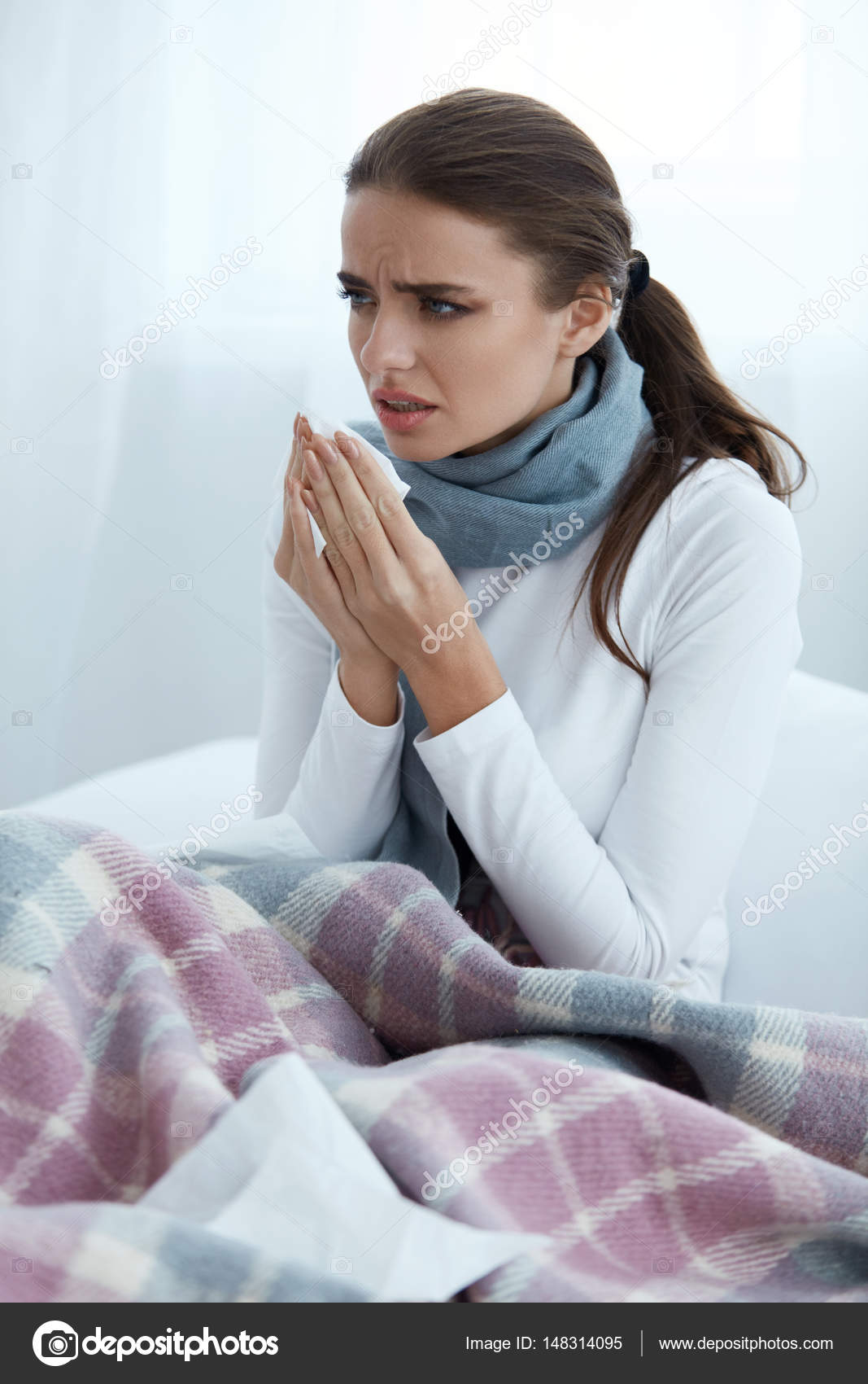 Beautiful Ill Woman Feeling Sick. Female Caught Cold, Coughing ...