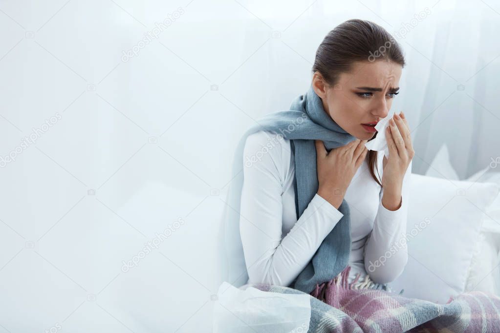 Beautiful Ill Woman Feeling Sick. Female Caught Cold, Coughing
