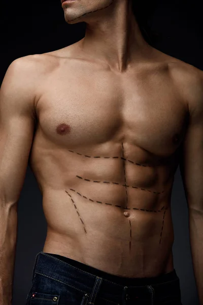 Closeup Of Man With Sexy Fit Body And Black Lines On Skin — Stock Photo, Image