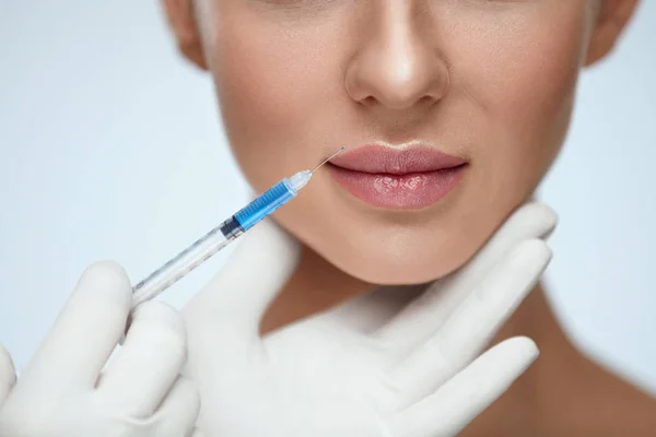Lip Augmentation. Young Woman Lips Receiving Beauty Injection — Stock Photo, Image