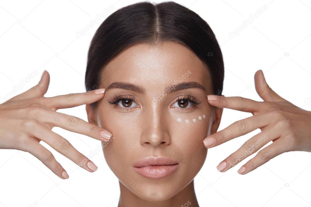 Woman With Smooth Soft Skin And Concealer Under Eyes. Cosmetics