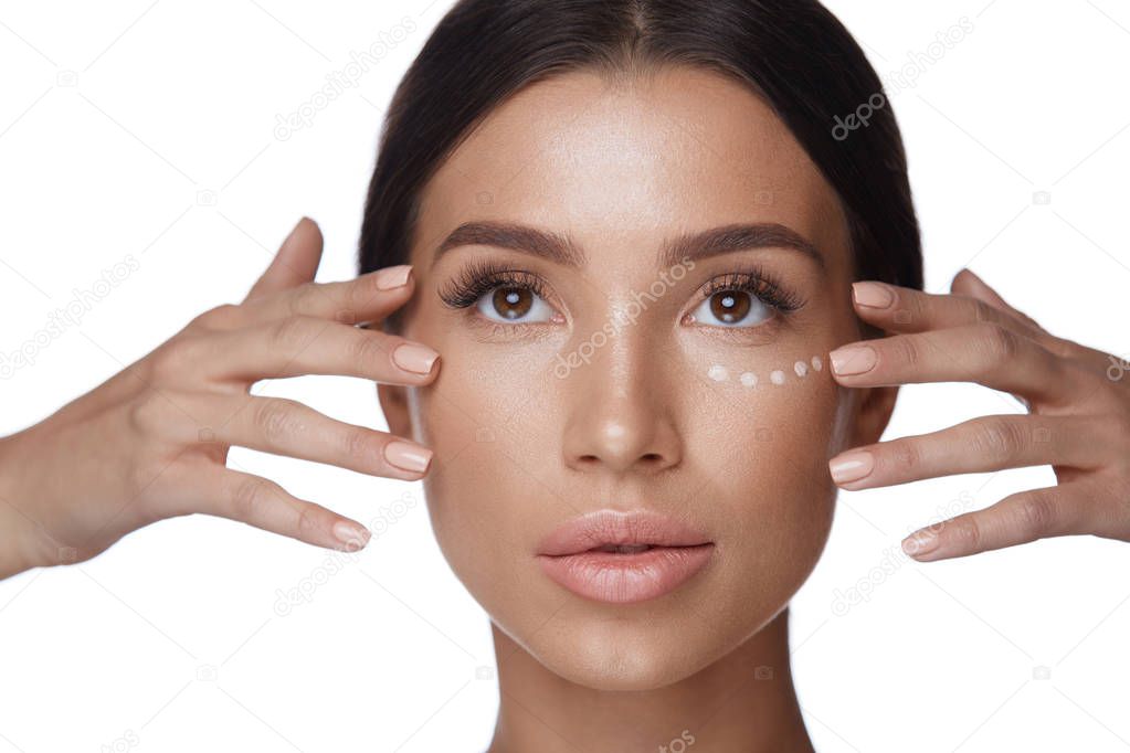 Woman With Smooth Soft Skin And Concealer Under Eyes. Cosmetics