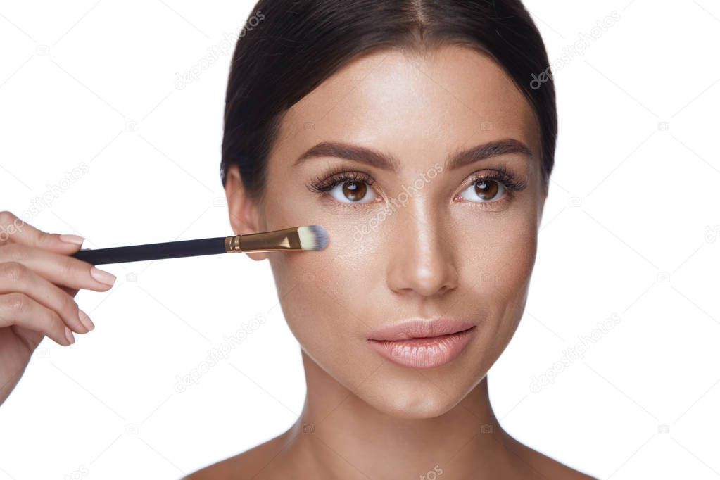 Beauty Woman Face Makeup. Beautiful Woman With Cosmetic Brush