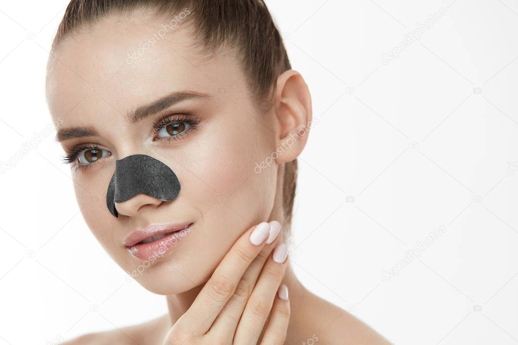 Skin Cleaning. Closeup Beautiful Woman With Patch Mask On Nose