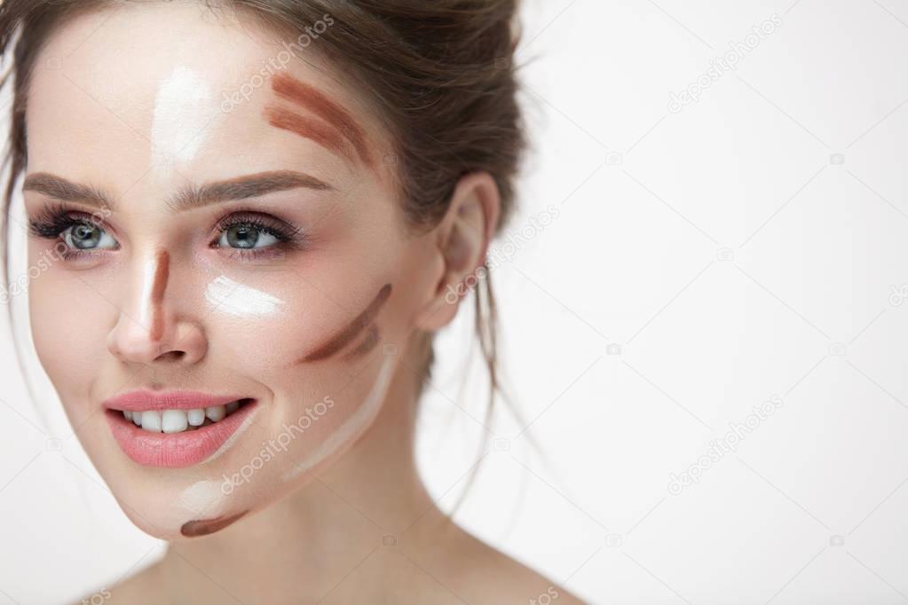 Woman Beauty Makeup. Girl With Contouring Face Lines On Skin
