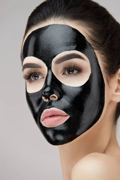 Beauty Face Care. Portrait Female With Black Peel Mask On Skin — Stock Photo, Image