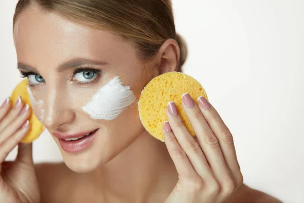 Face Skincare. Beautiful Girl Cleaning Face With Soap And Sponge