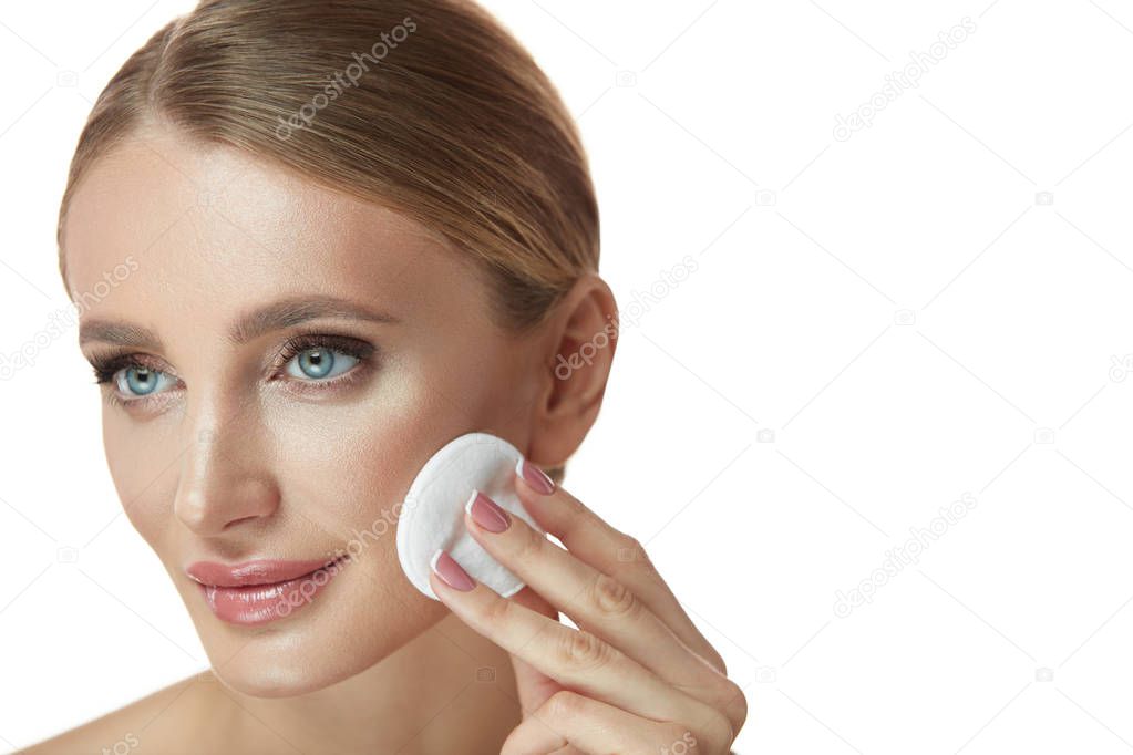 Closeup Sexy Female Face With Cotton Pad, Removing Makeup 