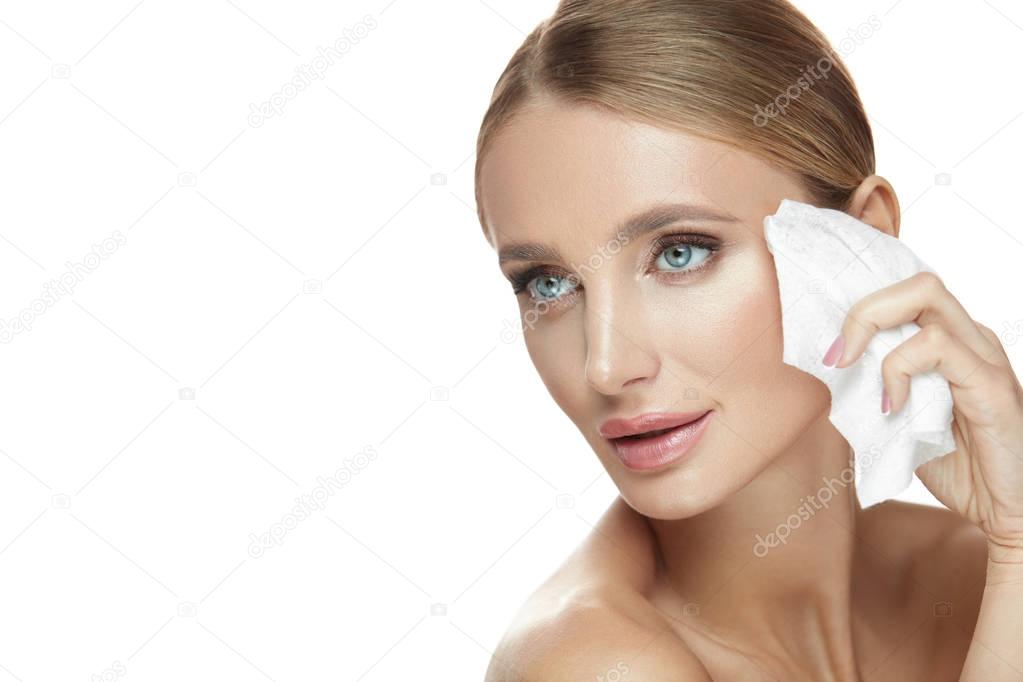 Face Care. Smiling Female Removing Makeup, Cleaning Facial Skin