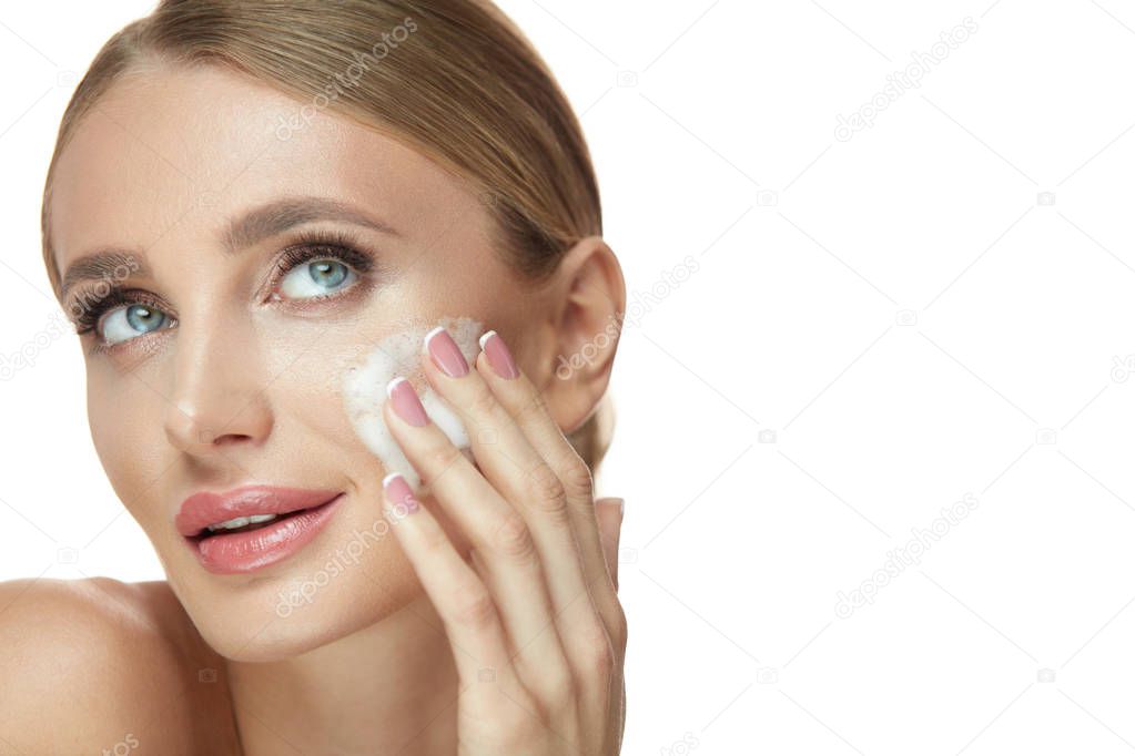 Facial Skin Cleanser. Sexy Girl Washing Face With Soap Foam