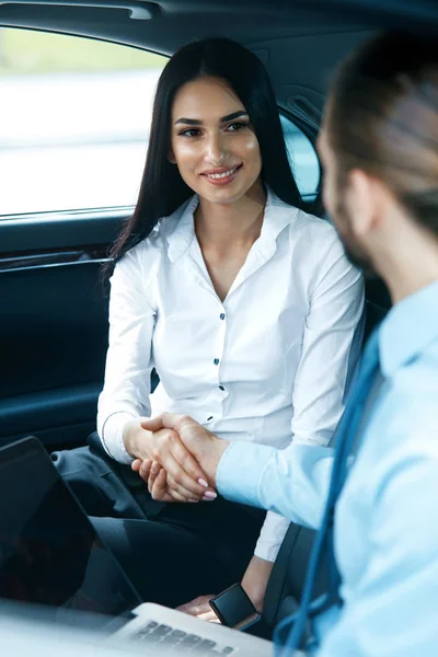 Business People Meeting And Working In Car. — Stock Photo, Image
