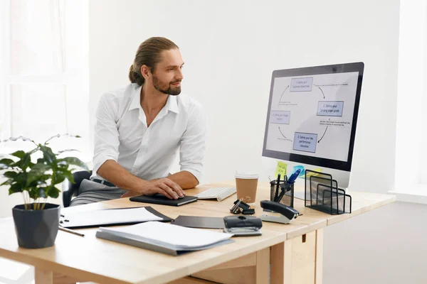 Junger Geschäftsmann arbeitet im Büro am Computer. — Stockfoto