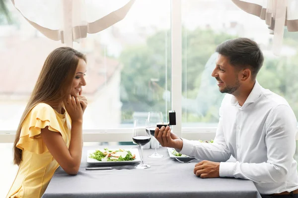 Proposal In Restaurant. Man Proposing Woman — Stock Photo, Image