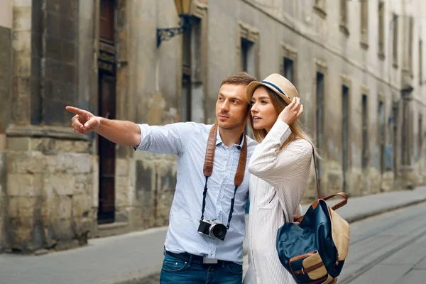 Travel. Couple Walking On Streets On Weekend Vacation