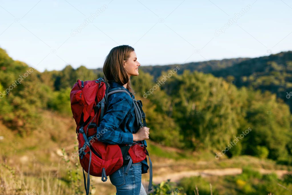 Beautiful Girl Traveling With Bag, Hiking In Nature.