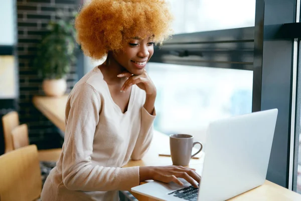 Beautiful Woman Working On Notebook In Cafe — Stock Photo, Image