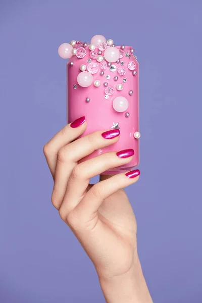 Pink Nails. Woman With Soda Can In Hands