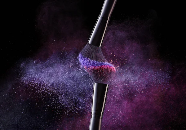 Cosmetic Brushes And Explosion Colorful Powders. — Stock Photo, Image