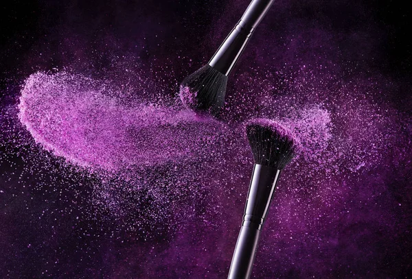 Cosmetic Brushes And Explosion Colorful Powders. — Stock Photo, Image