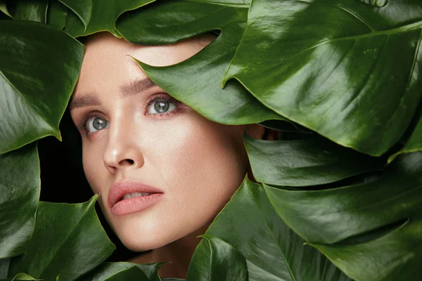 Belleza mujer cara con hojas verdes alrededor de la cara —  Fotos de Stock