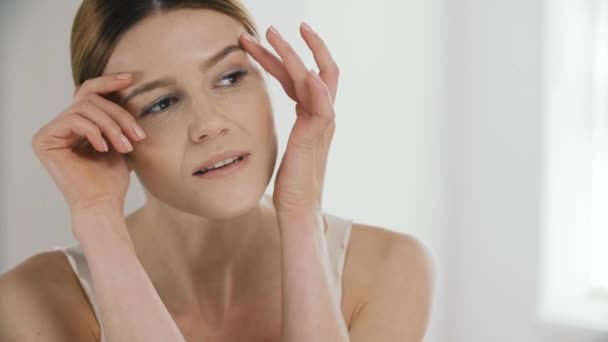 Facial Care Closeup Beautiful Mature Woman Touching Her Beauty Face — Stock Video