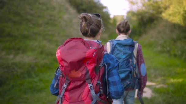Touristenpaar Auf Reisen Wandern Mit Rucksack Sommerwochenende Genießen Die Natur — Stockvideo