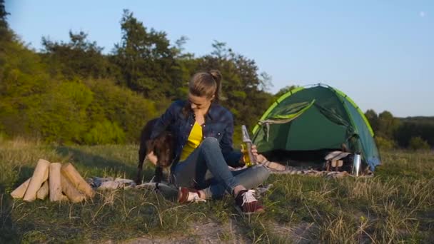 Кемпінг Щаслива Жінка Подорожує Собакою Сидить Біля Намету Траві Пиво — стокове відео
