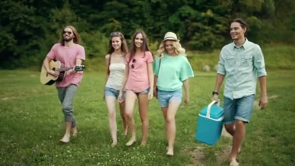 Amigos Felizes Divertindo Livre Natureza Homens Mulheres Rindo Enquanto Caminham — Vídeo de Stock