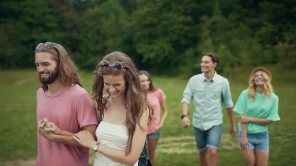 Amigos Caminando Parque Feliz Jóvenes Hombres Mujeres Tener Divertido Riendo — Vídeos de Stock