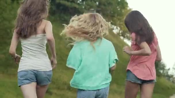 幸せな女の子お友達と楽しんで 屋外で自然の髪に飛んで実行します 背面図 — ストック動画