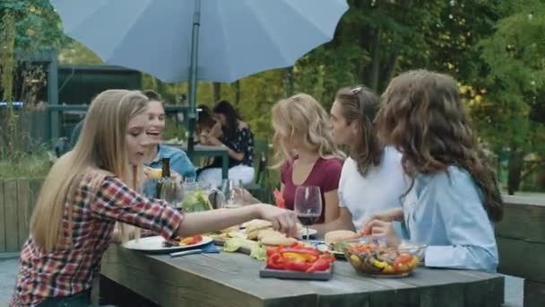 Gente Comiendo Comida Saludable Sentada Mesa Cena Barbacoa Aire Libre — Vídeo de stock