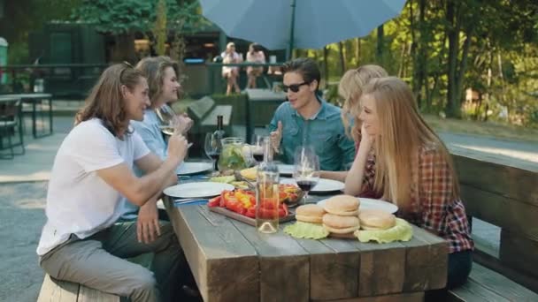 Glückliche Freunde Beim Picknick Freien Spaß Haben Lachen Und Der — Stockvideo