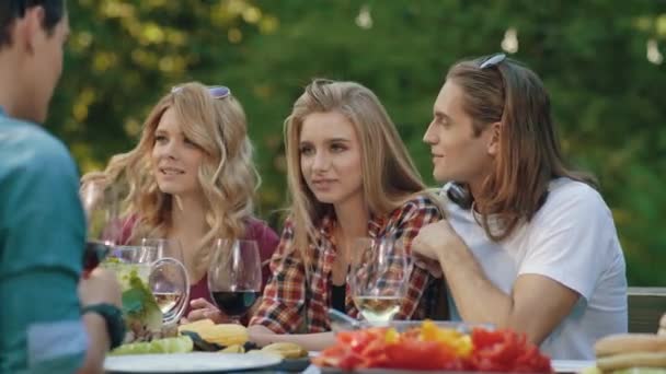 Vrienden Picknick Party Gelukkig Lacht Volkspartij Genieten Van Buiten Picknick — Stockvideo