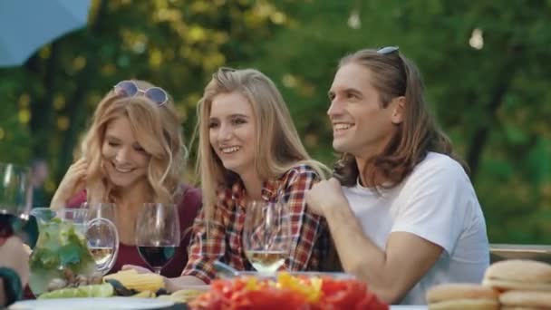 Amigos Festa Piquenique Pessoas Sorridentes Felizes Que Gostam Festa Piquenique — Vídeo de Stock