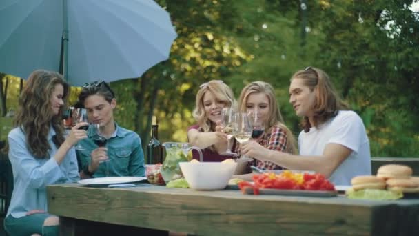 Freunde Stoßen Mit Getränken Auf Dinnerparty Genießen Grillparty Mit Gesundem — Stockvideo
