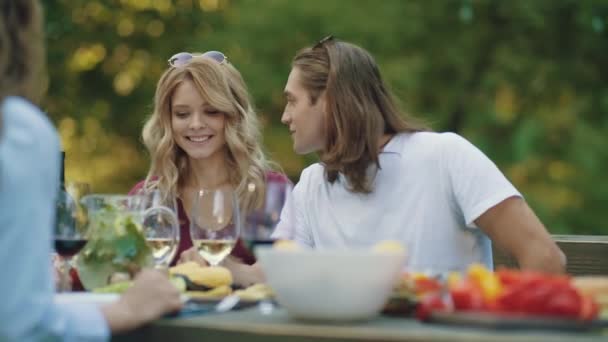 屋外のピクニック パーティー楽しんで 笑って 本質的に通信で幸せな友達 — ストック動画