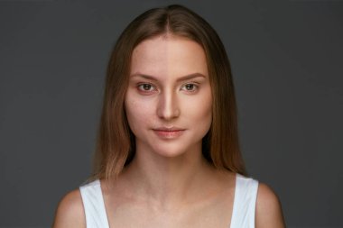 Makyaj. Güzel bir kadın yüzü ve vakıf olmadan