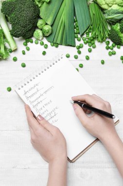 Alışveriş listesi. El yazılı defter yakınındaki sebze olarak