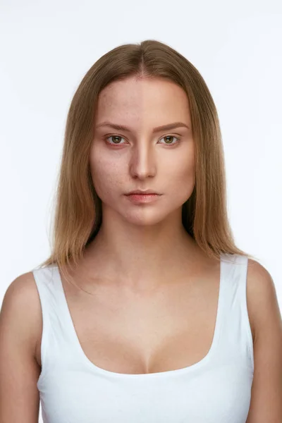 Make-up. Mooie vrouw gezicht met en zonder Foundation — Stockfoto