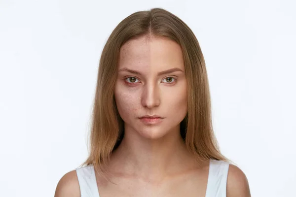 Make-up. schönes Frauengesicht mit und ohne Fundament — Stockfoto
