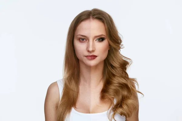 Poder de maquiagem. Mulher rosto antes e depois beleza maquiagem — Fotografia de Stock