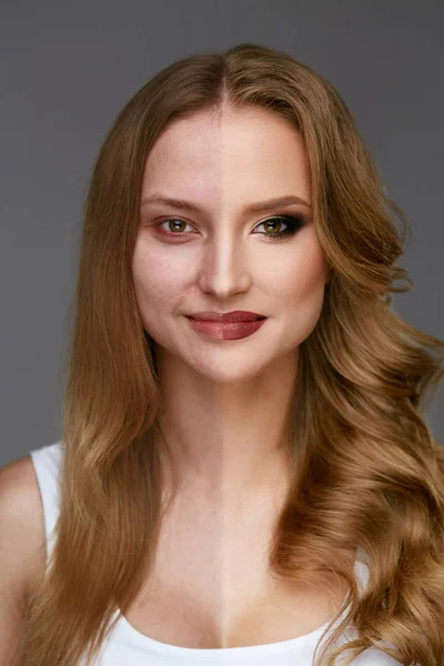 Poder de maquillaje. Mujer cara antes y después belleza maquillaje — Foto de Stock