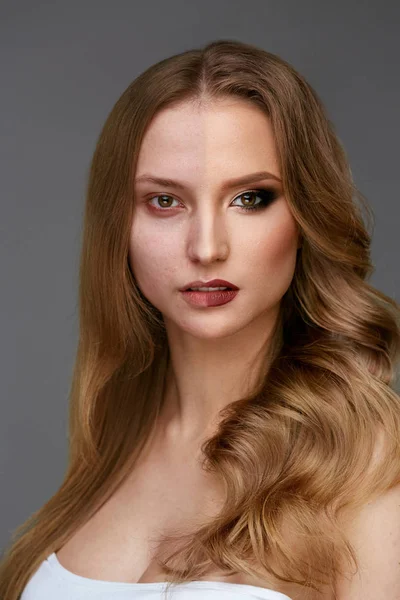 化妆能力。美容化妆前后的女人脸 — 图库照片
