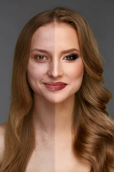 Poder de maquillaje. Mujer cara antes y después belleza maquillaje — Foto de Stock